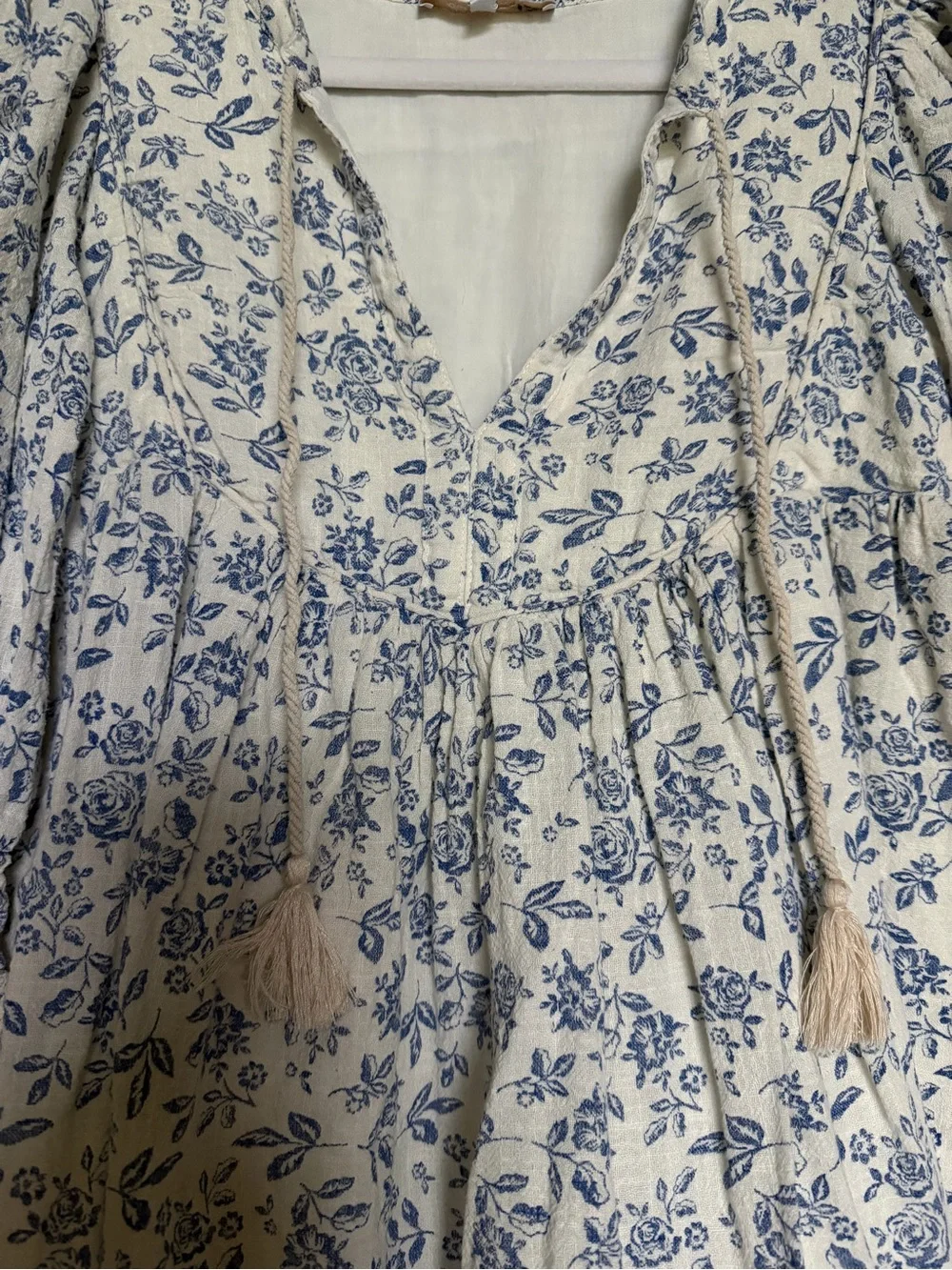 Olivaceous White Mini Dress with Blue Floral Print